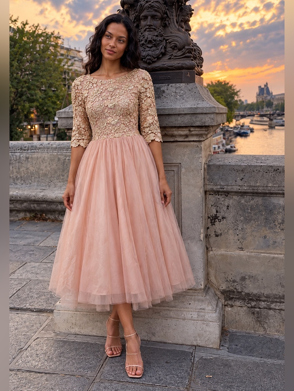 New Just Me Sample Blush Gold Metallic
Floral Embroidered Tulle Midi Dress S